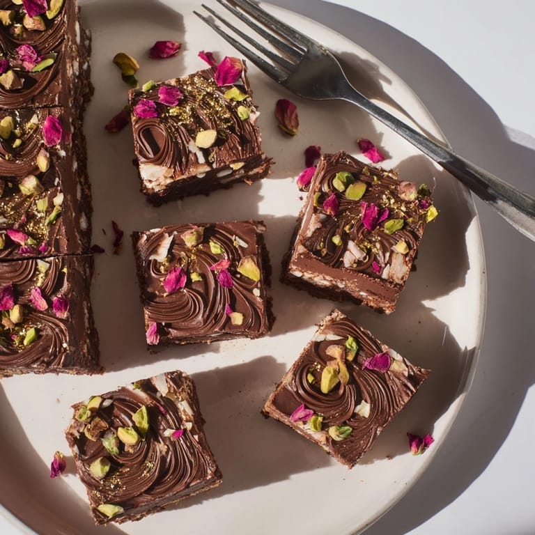 Fusion chocolate bar inspired creations drizzled with spiced date caramel and rose petals.  