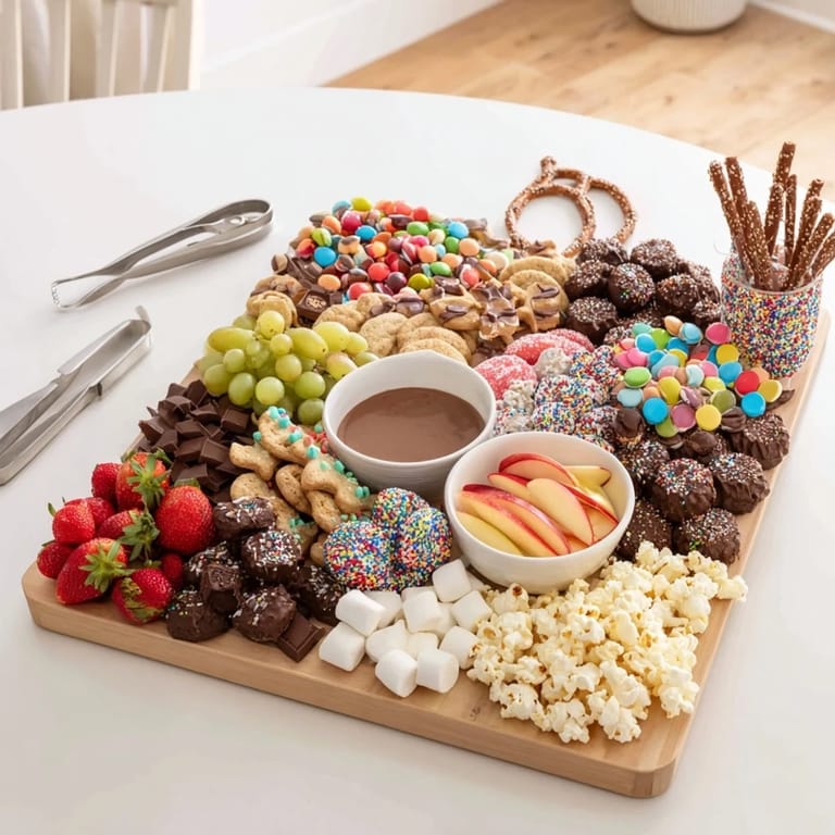 Festive dessert board with holiday-themed snacks, offering a variety of textures and flavors.  