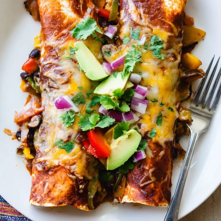 Colorful assortment of seasonal veggies in creamy Farmers Market Vegetarian Enchiladas, perfect for dinner.  