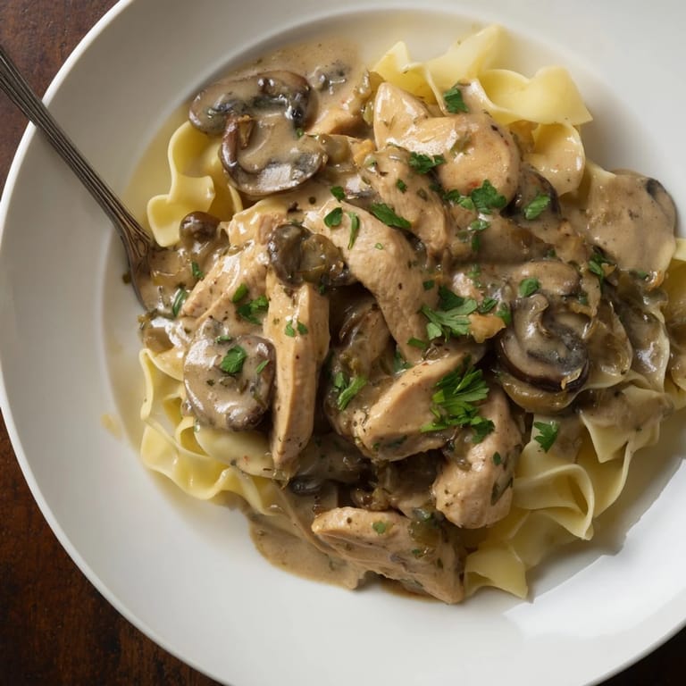 Rich Creamy Chicken Stroganoff with tender chicken and savory mushrooms in a bowl.  