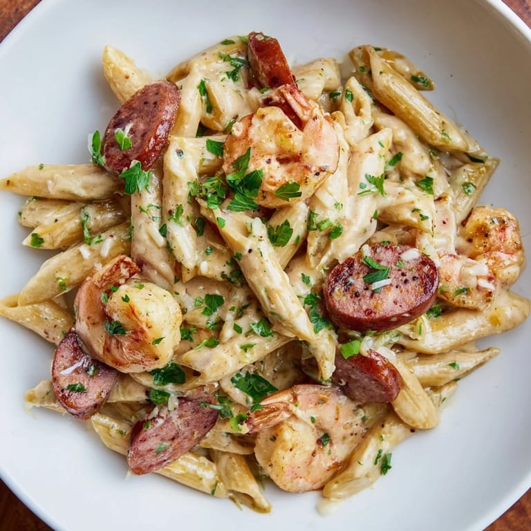 This Cajun Sausage & Shrimp Alfredo Pasta Skillet shows tender shrimp and sausage coated in rich, cheesy sauce.