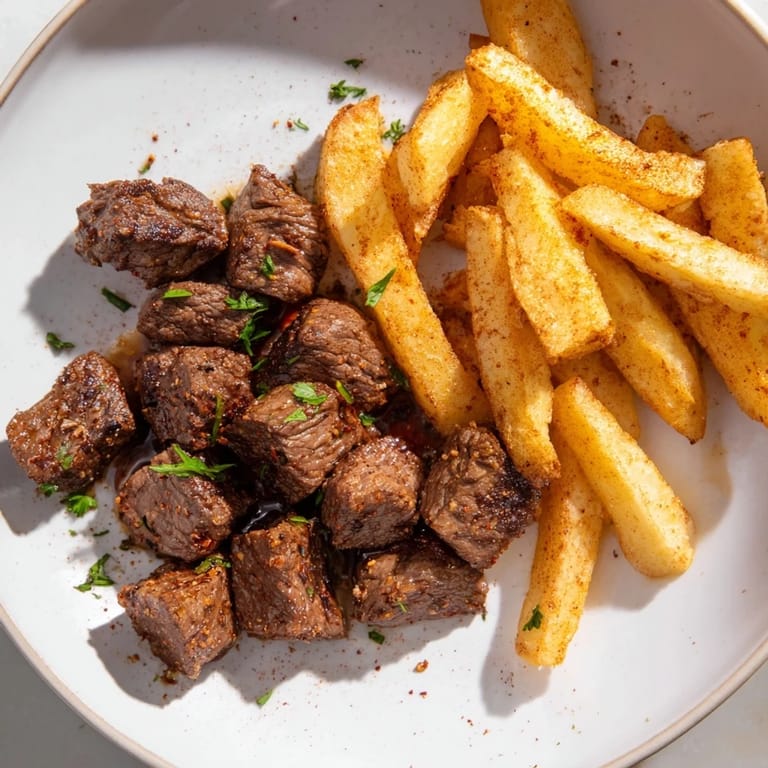 Juicy Blackened Cajun steak bites and fries, seasoned to perfection and ready to enjoy.