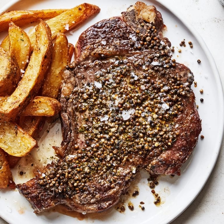 A close-up of a juicy Classic Peppercorn Ribeye steak with beautiful sear marks and golden fries.
