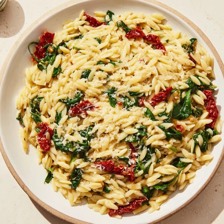 Creamy Tuscan Orzo Bowl featuring sun-dried tomatoes and spinach, a vegetarian Italian comfort food classic.