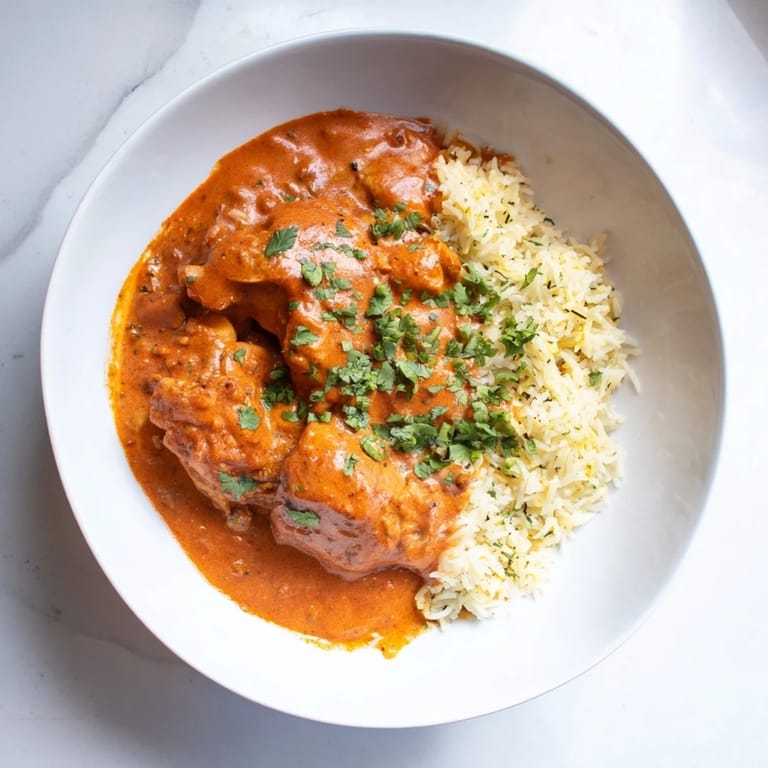 Brightly colored Butter Chicken, with a vibrant red sauce, next to a golden, spiced rice pilaf.