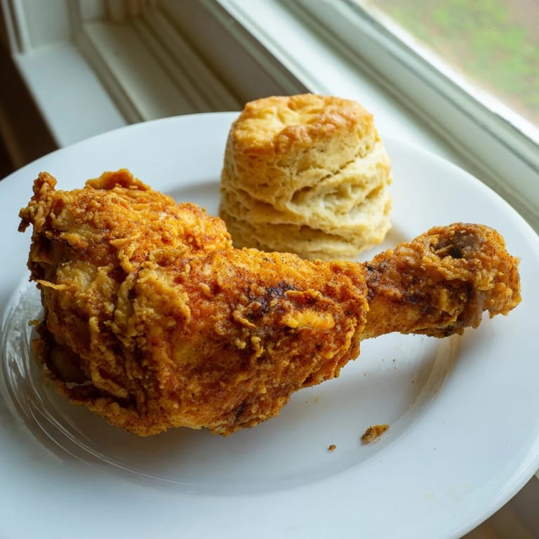 Crispy, seasoned Southern fried chicken alongside warm buttermilk biscuits, a Southern classic ready to eat.