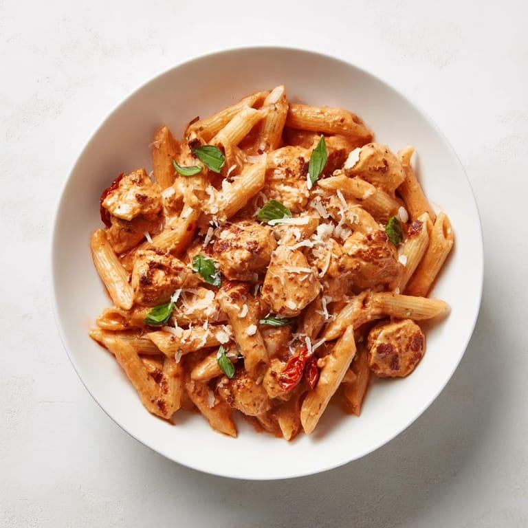 Enjoy this comforting Creamy Tomato Basil Chicken Pasta, with fresh basil and Parmesan sprinkled on top.
