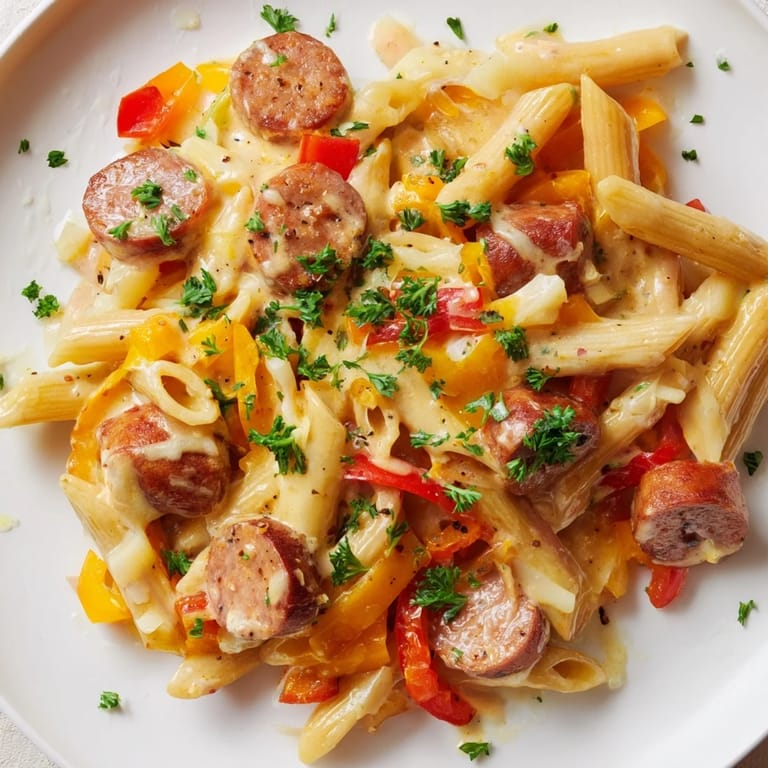 A close-up of a creamy Smoked Sausage & Cheddar Pasta Bake, served hot and ready to eat.