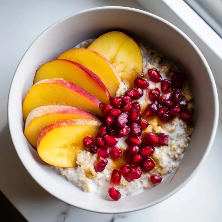 A close-up of Overnight Oats with persimmon, showcasing the colorful pomegranate and chia seed topping.
