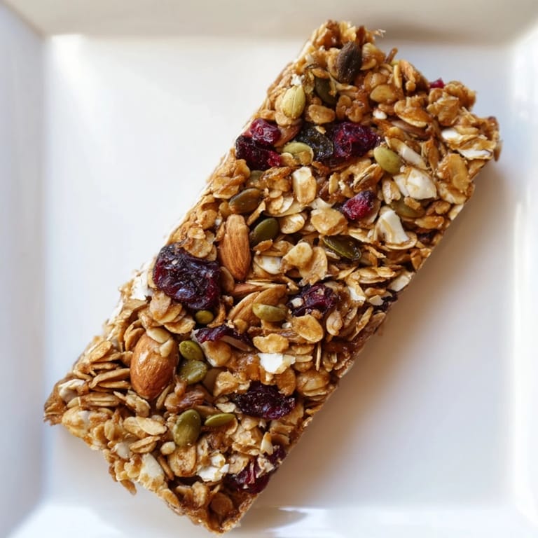 Close-up of hearty bars: homemade Roasted Pumpkin Seed & Cranberry Granola Bars on a parchment paper square.
