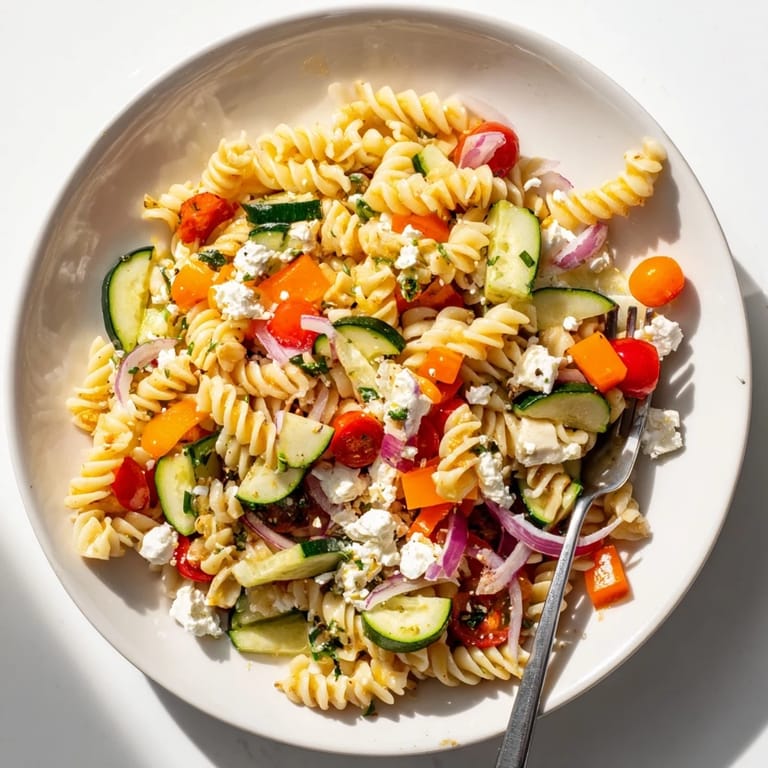 This Pasta Salad with Seasonal Veggies displays a symphony of colors, perfectly tossed with a simple dressing.