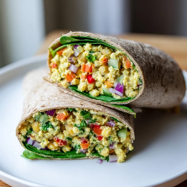 Enjoy a delicious bite of a flavorful chickpea salad wrap, a satisfying vegan meal.