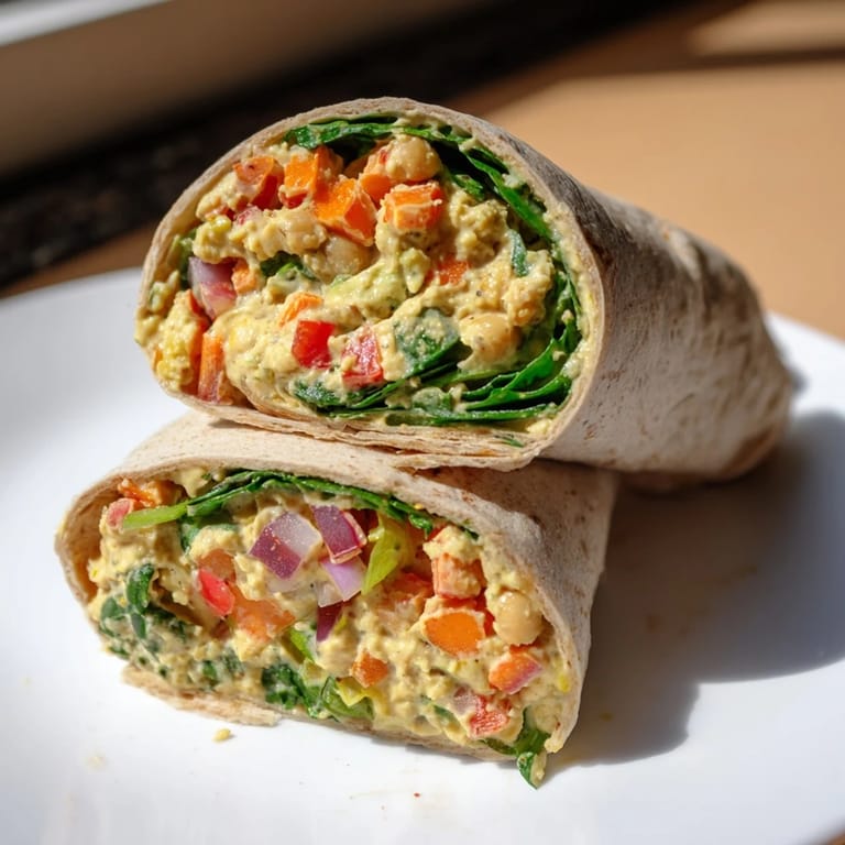 Freshly assembled chickpea salad wraps ready to eat, perfect for easy vegan meal prep.