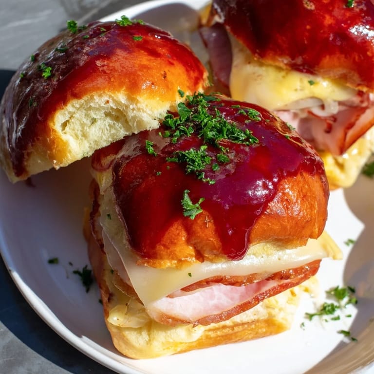 Melted Swiss oozes over the Cherry-Glazed Ham and Cheese Slider Mashup, a sweet and savory sensation.