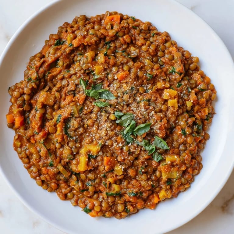 Close-up of a bowl of Creamy Tomato Basil Lentil Bolognese, served hot and garnished with fresh basil.