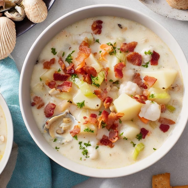 Thick, creamy New England Clam Chowder, filled with tender clams and potatoes, a hearty meal.