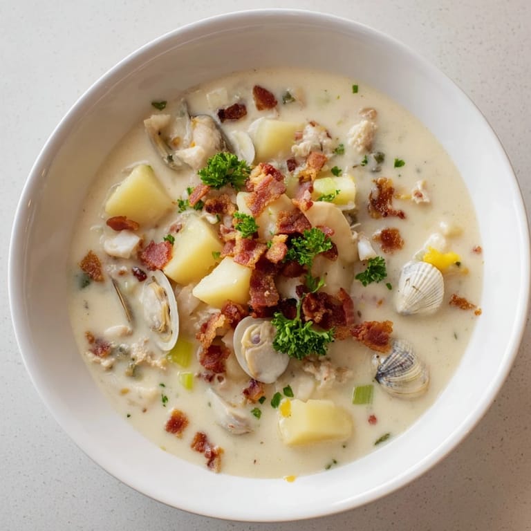A close-up of delicious New England Clam Chowder, garnished with crispy bacon crumbles.