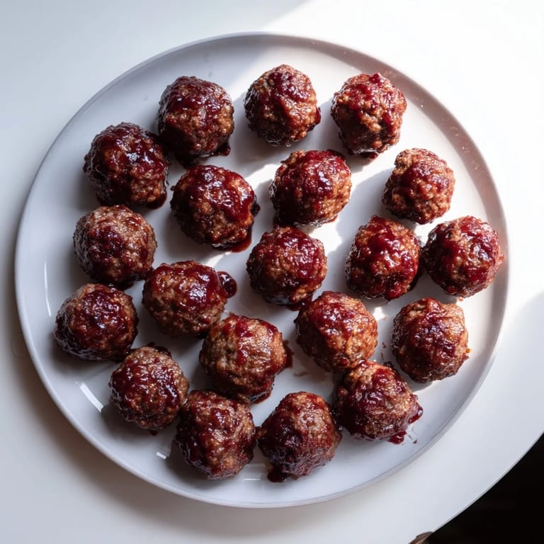 Warm, tender Cherry Meatballs in a rich, sweet sauce are ideal for a party spread.
