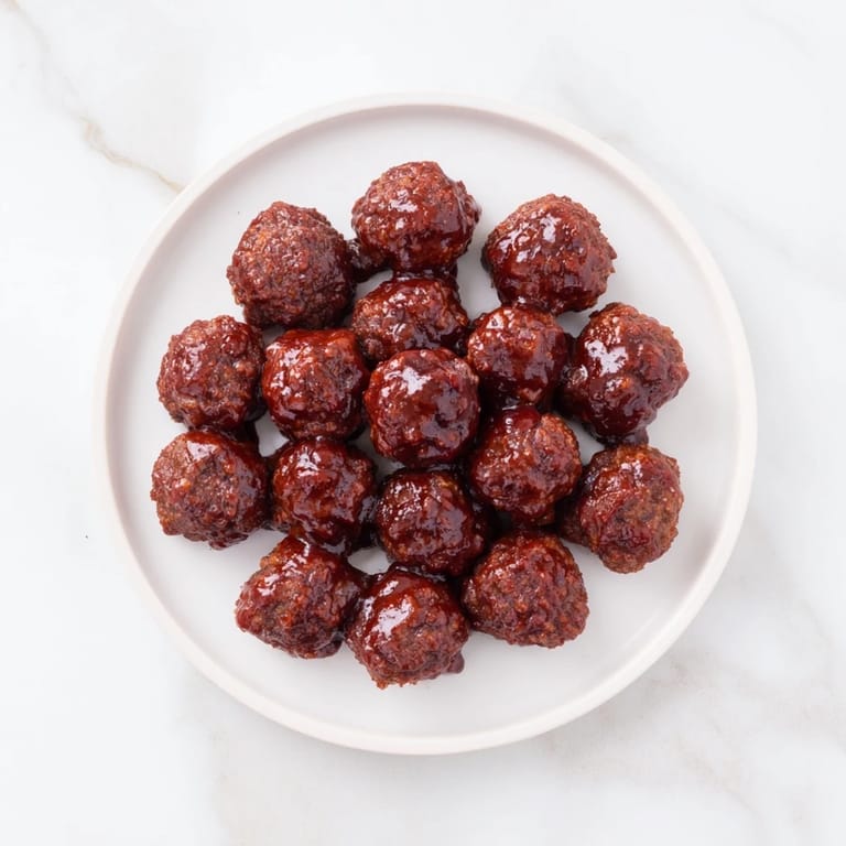 A close-up of savory Cherry Meatballs plated with cocktail picks; a perfect treat.