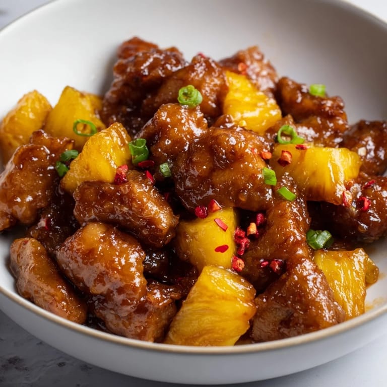 Tender pieces of brown sugar pineapple chicken with a sweet and tangy glaze, ready to serve with rice.