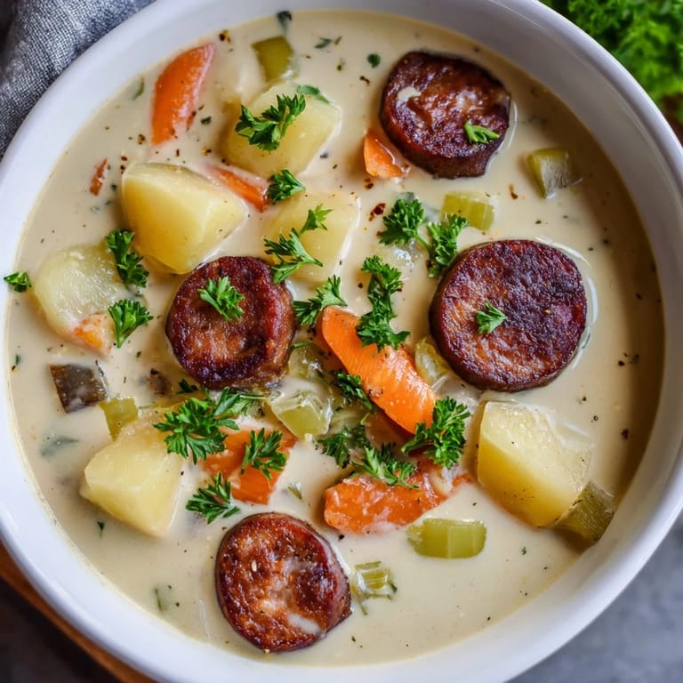 Close-up of hearty Creamy Chorizo Potato Soup; chunky potatoes and spicy chorizo swimming in broth.