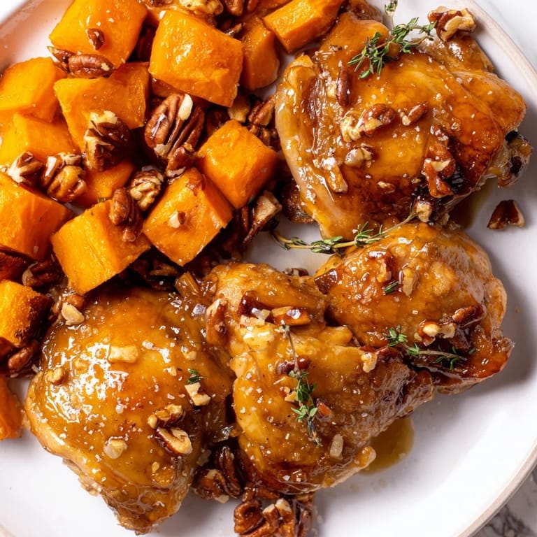 Tender maple glazed chicken with caramelized sweet potatoes, a flavorful and easy American recipe.