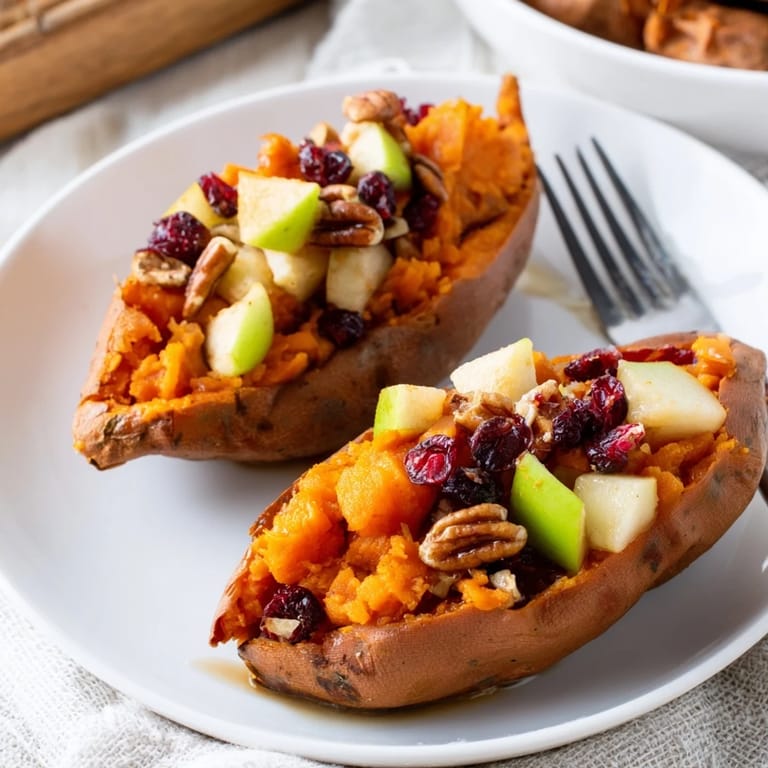 Vivid image of flavorful Cranberry Apple Twice-Baked Sweet Potatoes, each topped with pecans and syrup.