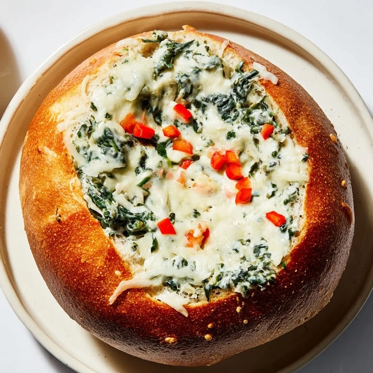 A close-up of a golden-baked Express Holiday Spinach Dip bread bowl, perfect for sharing.