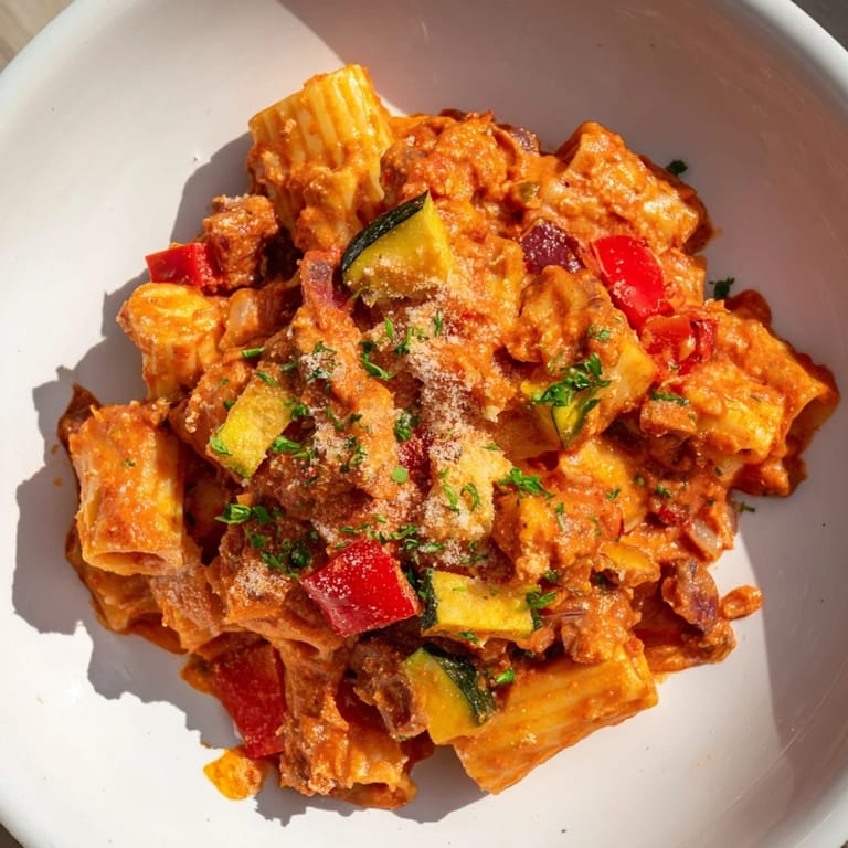 Golden and bubbly Spicy Vegan Chorizo Baked Pasta, a comforting vegan dinner, ready to eat.