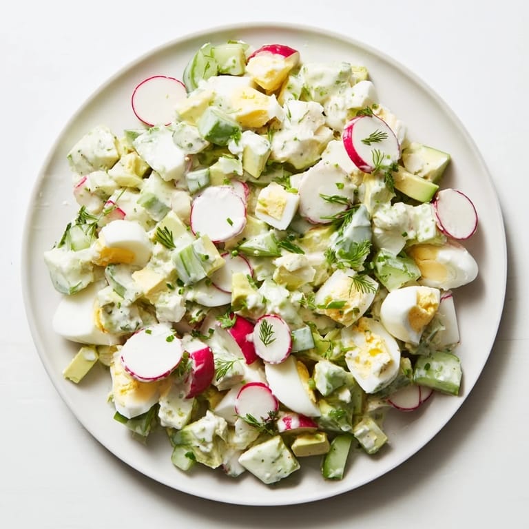 Enjoy this creamy Green Goddess Chopped Egg Salad, a delicious blend of herbs, vegetables, and eggs.