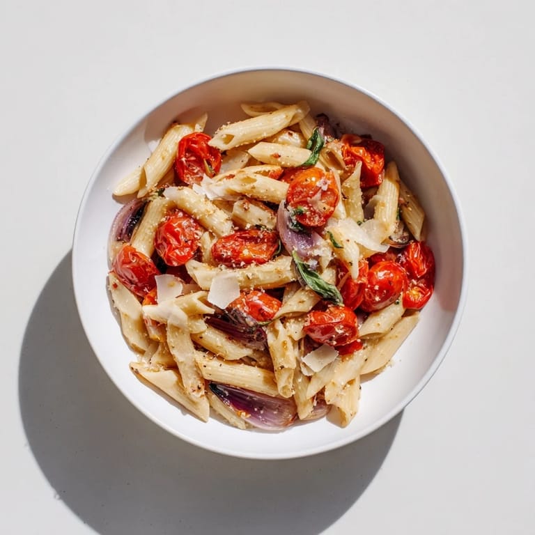 Golden, roasted tomatoes in the Baked Tomato & Olive Oil Pasta, ready to mix with perfectly cooked pasta.