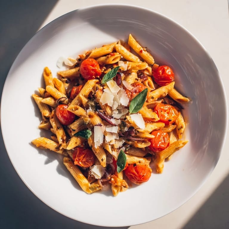 Plateful of Baked Tomato & Olive Oil Pasta with fresh basil, showcasing a simple, flavorful Italian dinner.