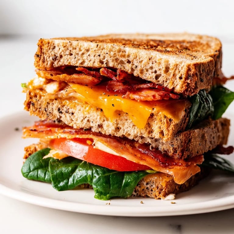 Savory Turkey Bacon, Spinach & Tomato Grilled Cheese on a plate, perfect for a high-protein lunch.
