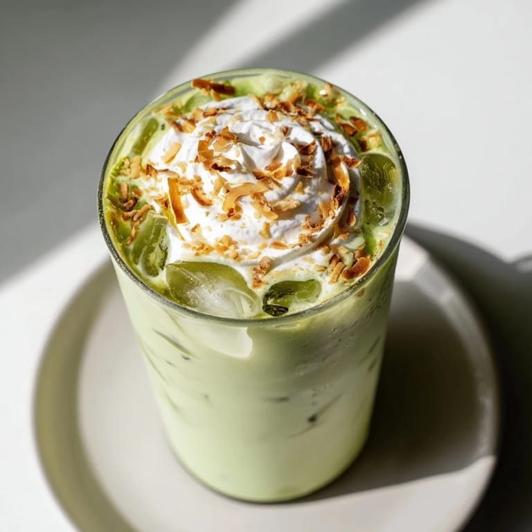 Golden toasted coconut sprinkled atop a vibrant green Toasted Coconut Gingerbread Iced Matcha drink.