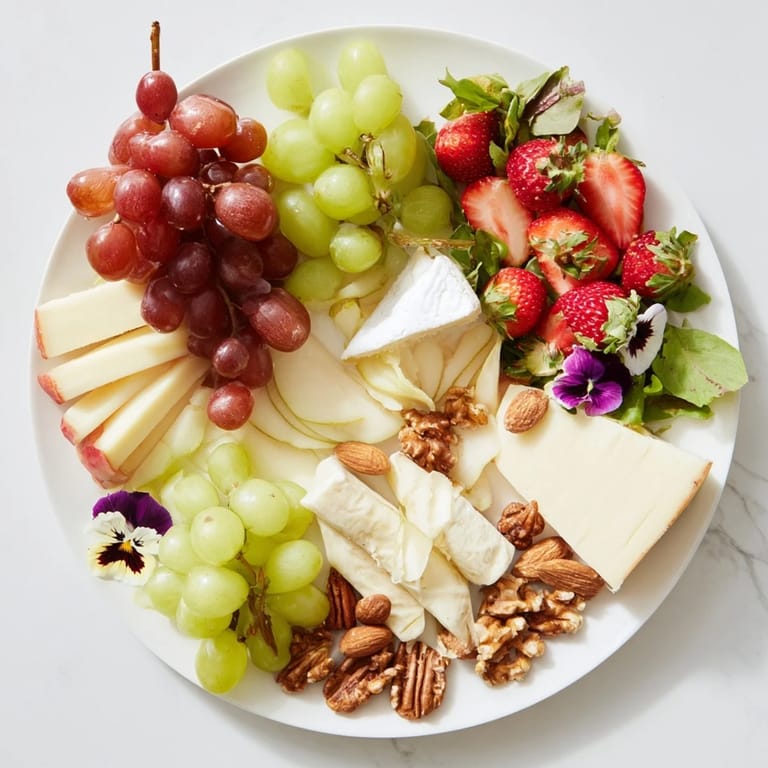 A beautifully arranged Enchanted Forest Grazing Board with grapes, cheeses, and nuts in a visual feast.