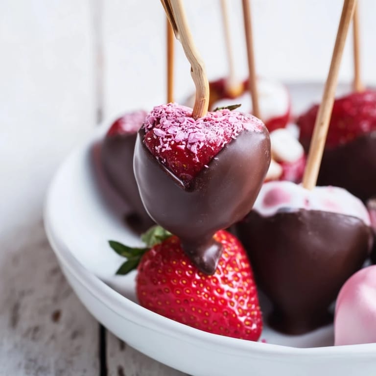 A delightful platter of Cupid's Arrow Candy, featuring chocolate-dipped strawberries alongside gummy hearts and truffles.