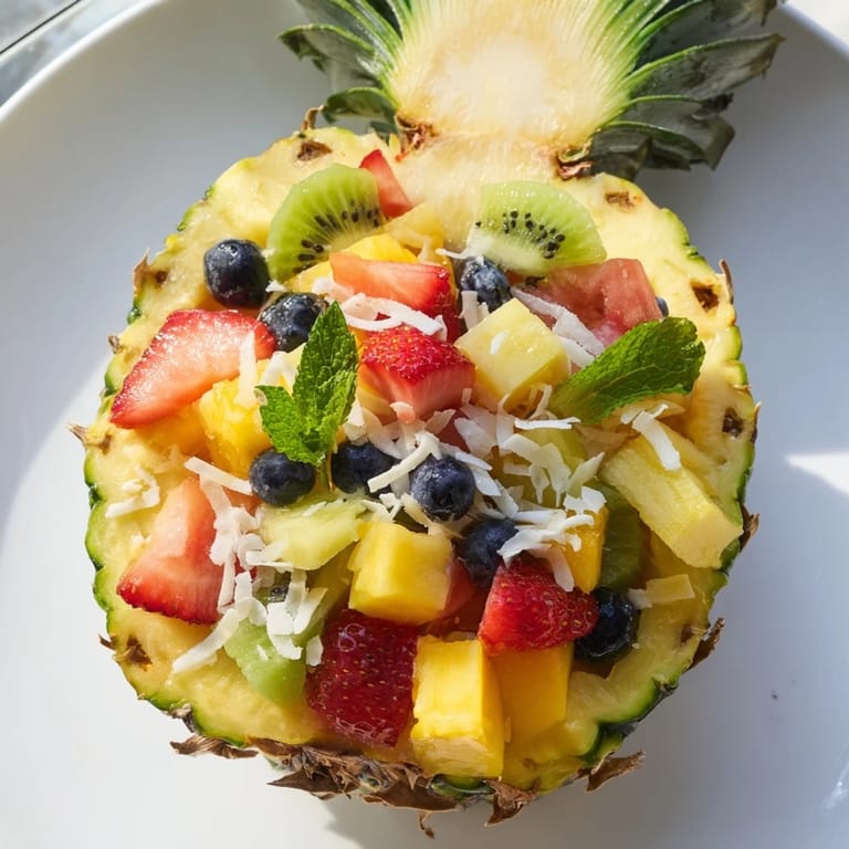 A close-up shot of a refreshing Tropical Bliss Pineapple Fruit Boat, perfect for a tropical brunch or party.