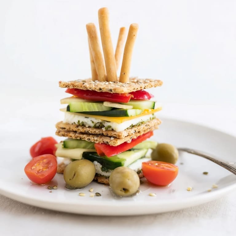 Stacked high, these colorful Urban Skyscraper Appetizers feature savory cheese and olive garnishes.