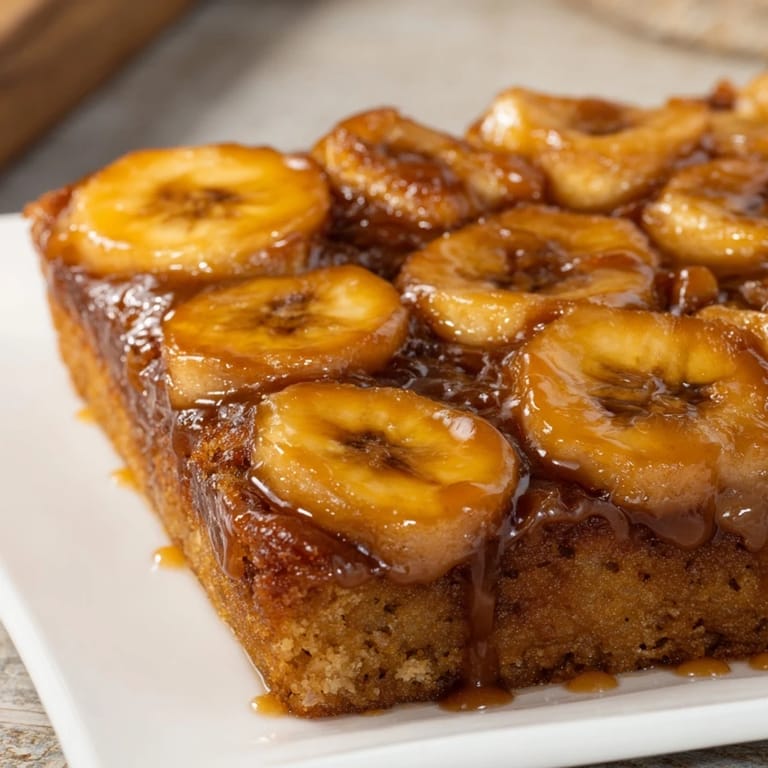 A warm slice of Banana Bread Cake shows off its tender crumb and rich, sweet caramel glaze.