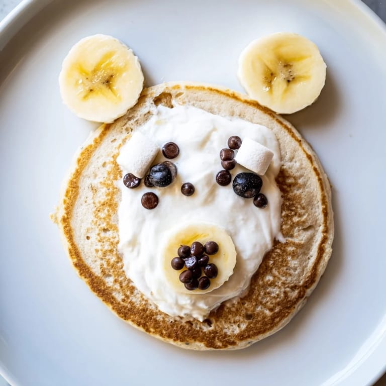 Close-up of a delightful Polar Bear Pancake Stack, featuring chocolate eyes and fruit accompaniments on a wooden board.