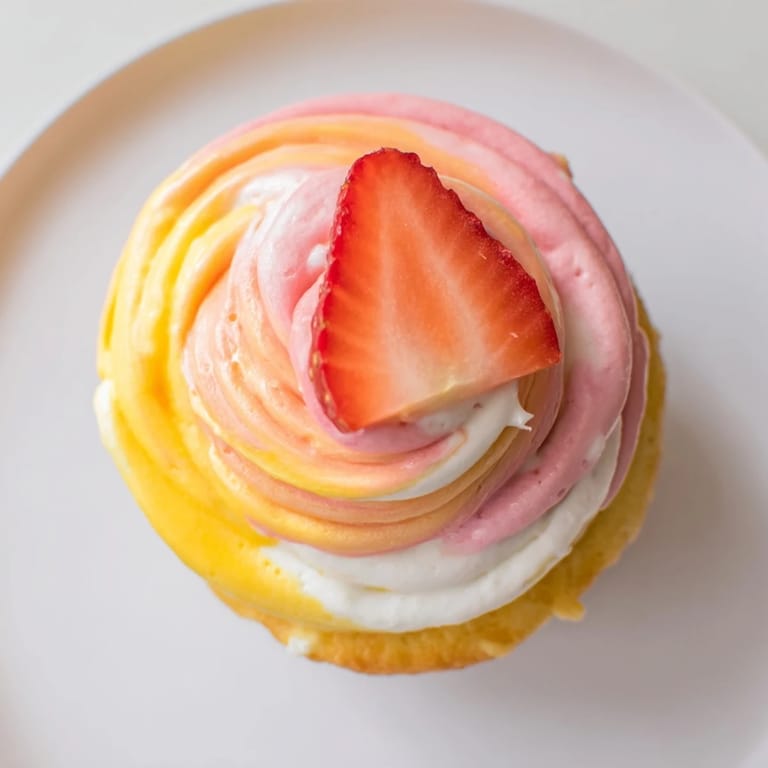 Fresh strawberry slices grace frosted Mango Strawberry Sunset Cupcakes, perfect for a summer dessert.