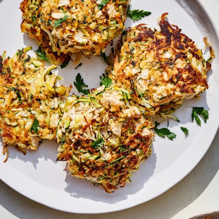 Freshly fried High-Protein Chicken Zucchini Fritters, served with a garnish, perfect for a high-protein dinner.