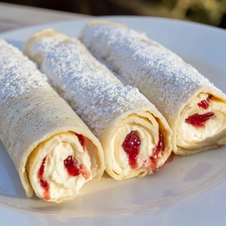 Close-up of freshly cut Snow Angel Tortilla Wraps with cream cheese and jam, sprinkled with powdered sugar.