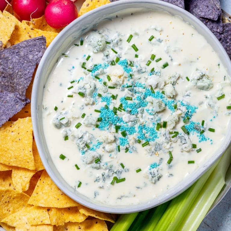 Delicious Frozen Pond Blue Dip, a party-ready platter featuring a beautiful pale blue dip and crispy chips.