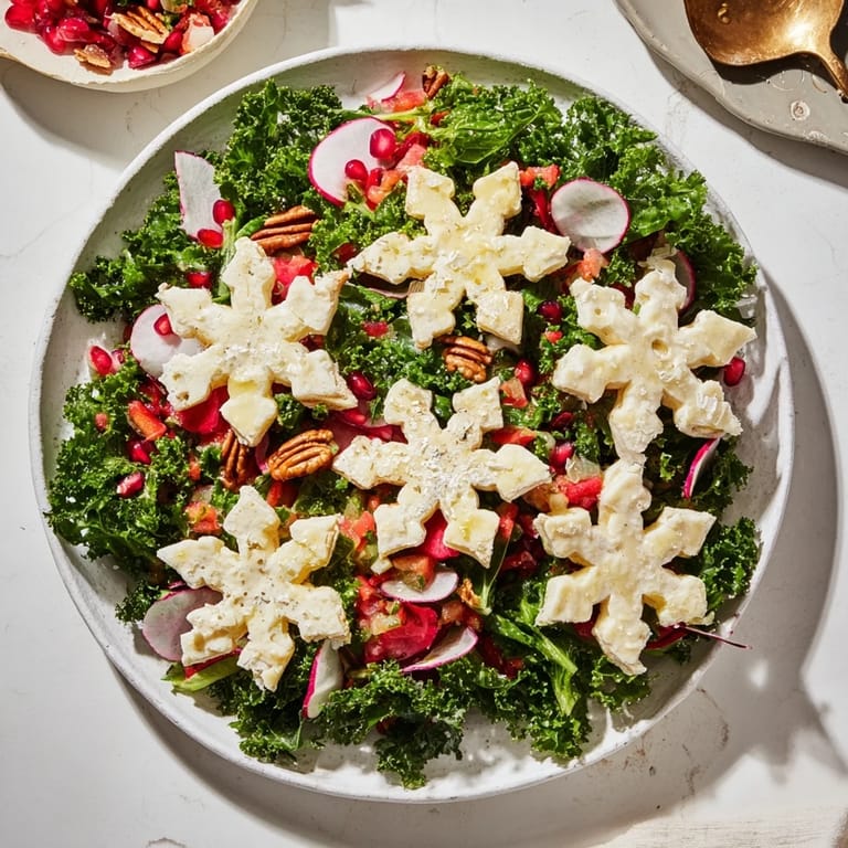 Crisp greens and ruby pomegranate seeds star in this Winter Salad, served with festive snowflake chips.