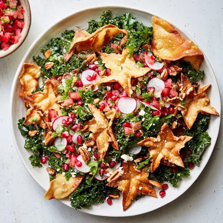 This delicious Winter Salad has colorful vegetables, creamy feta, and snowflake-shaped tortilla chips for a unique touch.