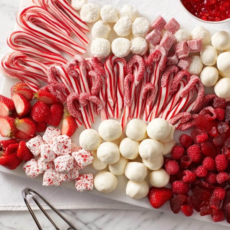 Enjoy a colorful Sweet Board presentation: licorice, candy canes, and fresh fruit for a delightful gathering.