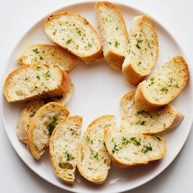 Golden, crispy Simple Bread baguette slices arranged in a circular pattern, ideal with cheese spreads.