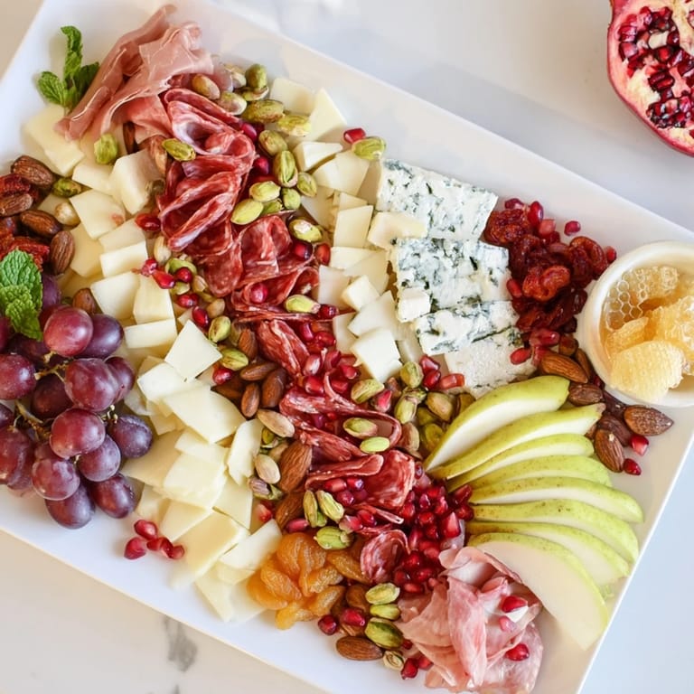 Vivid image of a Pomegranate Jewel Cascade appetizer; cheese, charcuterie, and fresh fruit are perfectly showcased.