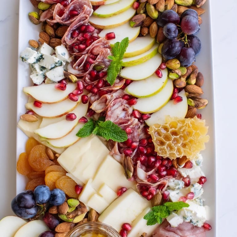 A lavish Pomegranate Jewel Cascade displays cheese, meats, and jewel-toned pomegranate arils in a stunning arrangement.